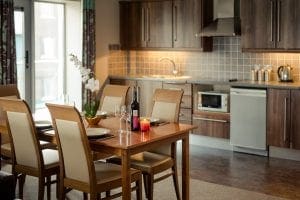 Scotts hotel apartment, kitchen, table set up