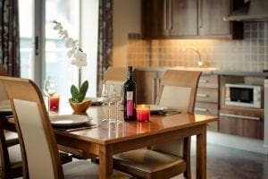 Scotts hotel apartment, kitchen, table set up