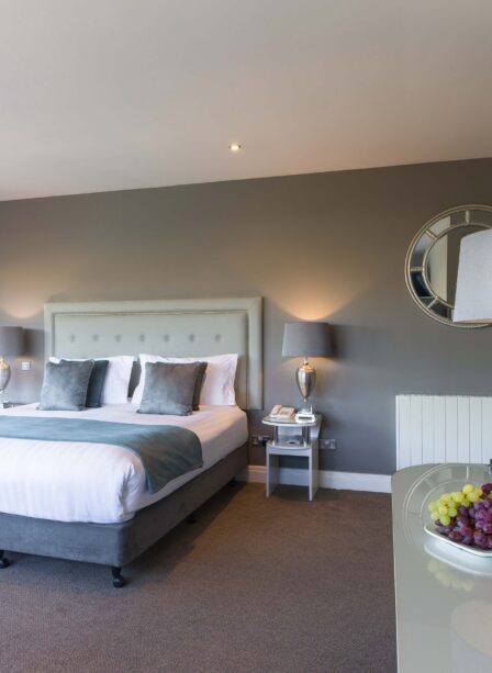 Elegant hotel room with a cosy bed, stylish lamps, and fruit platter on the dresser.