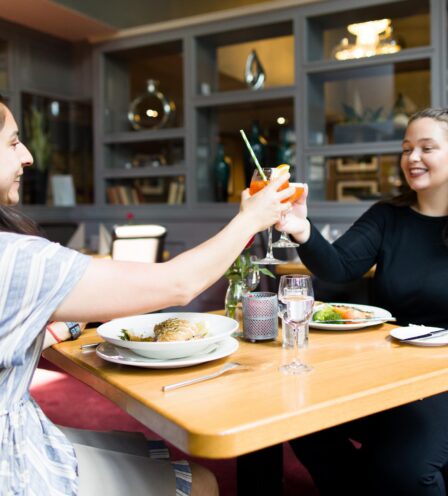 Two women clinking drinks over a delicious meal at Scotts Hotel Killarney restaurant.