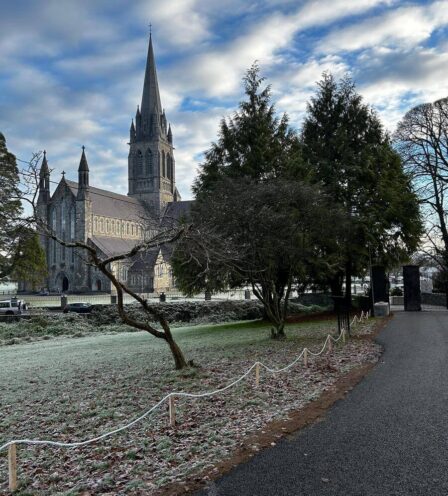 Scenic view of St Mary's Cathedral near Scotts Hotel Killarney, with a frosty path and trees.