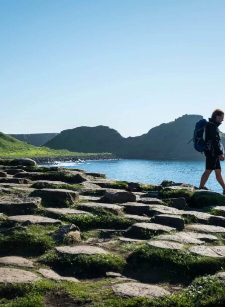 Scenic coastal walk with hikers at Giant's Causeway, under a clear blue sky.