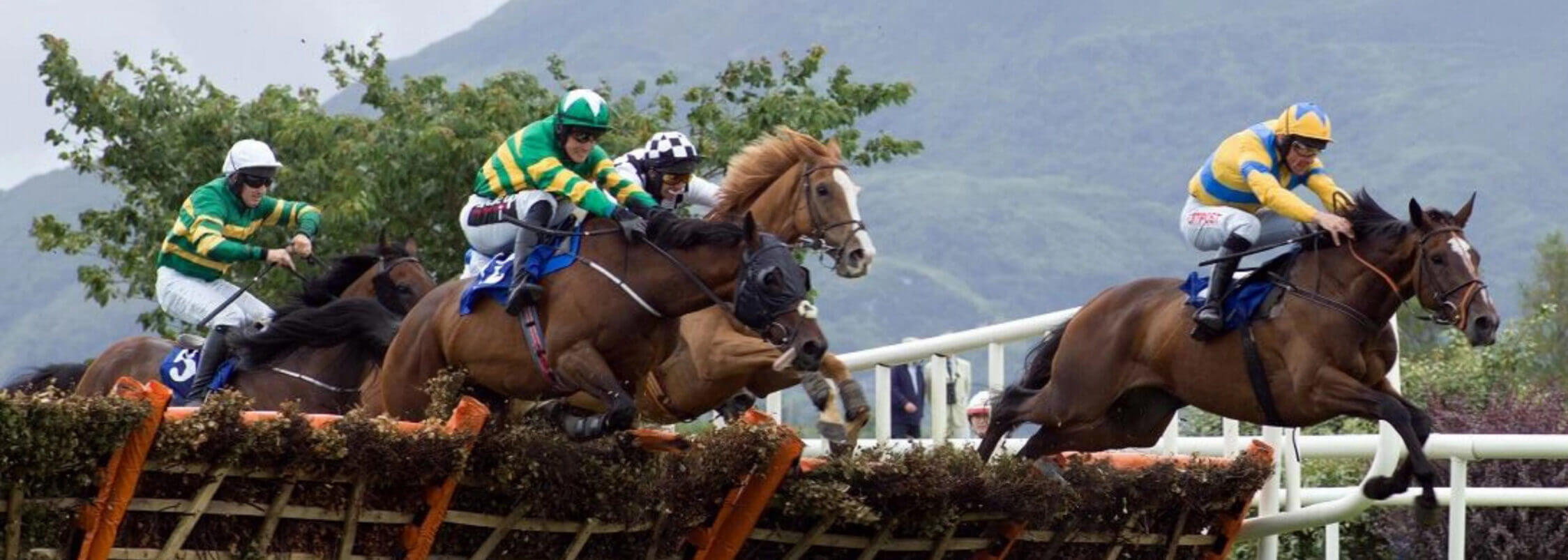 Jockeys racing over hurdles with vibrant jerseys against a backdrop of lush green hills near Killarney.
