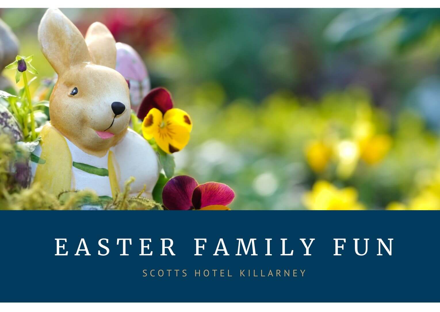 Festive Easter display at Scotts Hotel Killarney, featuring a decorative rabbit and colourful flowers.