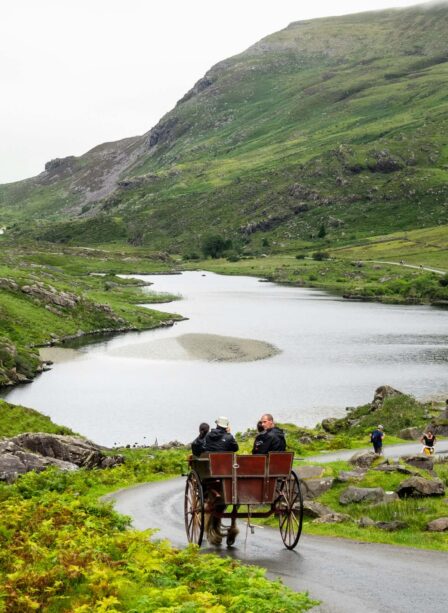 Couples enjoy scenic horse-drawn carriage ride near Killarney lake and lush green hills.