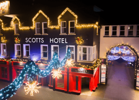 Festive evening at Scotts Hotel Killarney with Christmas lights and decorations.