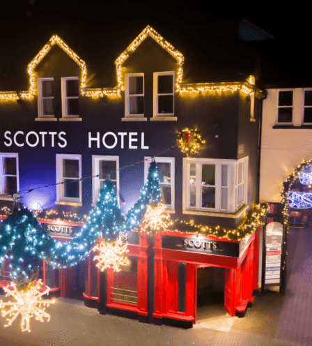 Festive evening at Scotts Hotel Killarney with Christmas lights and decorations.