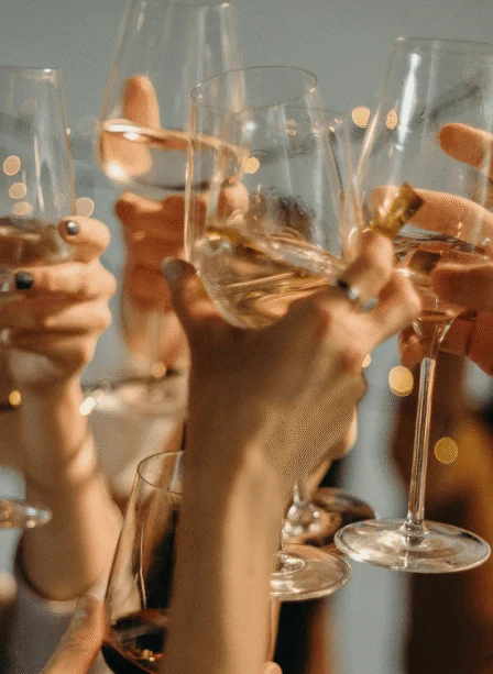 Guests clinking wine glasses in a cosy, warmly lit hotel lounge with fairy lights and smiles